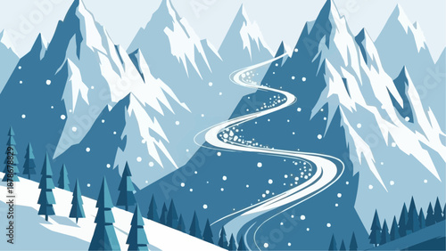 A scenic winter landscape depicts snow covered mountains evergreen trees and a winding road through the valleys