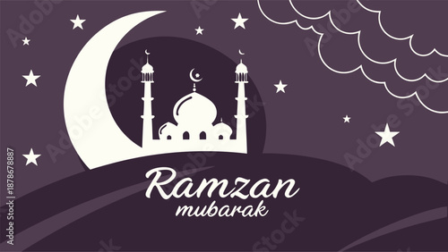 Dark purple mosque silhouette under crescent moon for Ramzan Mubarak night greeting, AI Generated