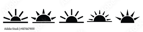 rising sun silhouette vector icon set, black color and white background