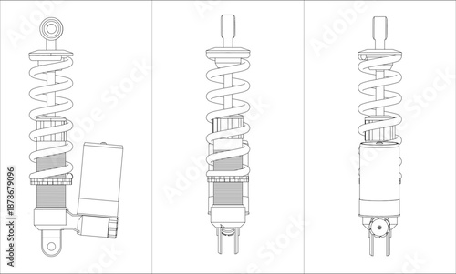Motorcycle Rear Suspension Shock Absorber Technical Drawing Blueprint with External Reservoir
