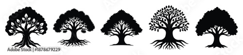 sacred tree silhouette vector icon set, black color and white background