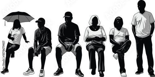 Black and white vector illustration of a diverse group of multicultural people sitting together in a row and standing in casual summer clothing
