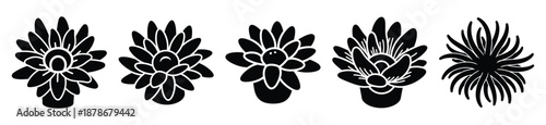 sea anemone silhouette vector icon set, black color and white background