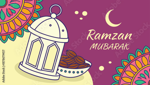 Purple Ramzan Mubarak banner with lantern illustration and healthy dates fruit, AI Generated