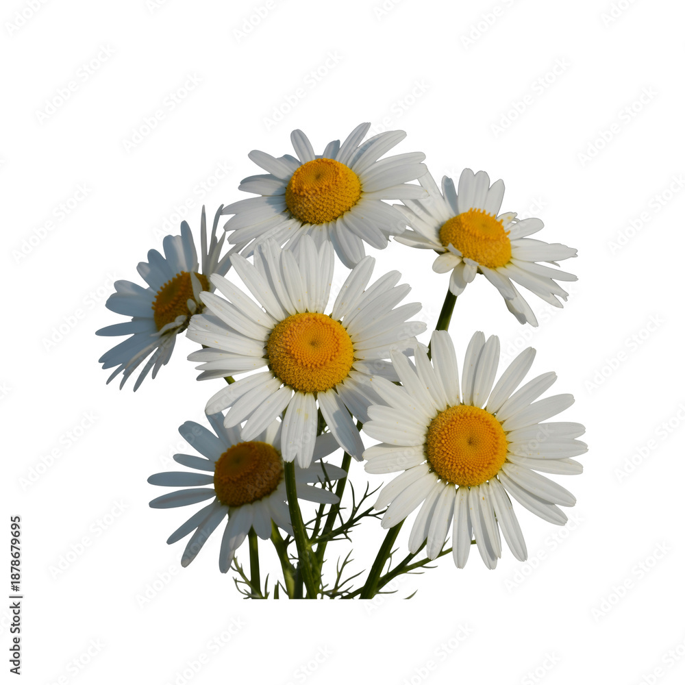 Fototapeta premium A small bouquet of white daisy flowers with bright yellow centers is isolated on a clean transparent background for easy design placement.