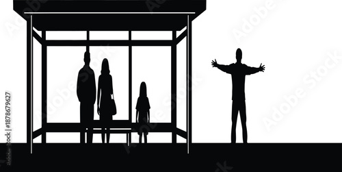 Black silhouette of a family waiting at a bus stop with a man waving hands isolated on a white background background