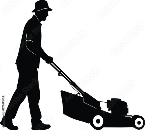 Black silhouette of a professional gardener pushing a lawn mower isolated on white background for landscaping service garden maintenance and backyard lawn care advertising