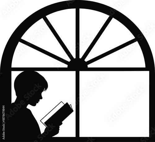 Black silhouette of a young boy reading a book by a large arched window, quiet education concept, peaceful indoor study