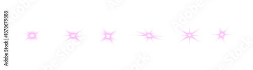 set of pink glowing starbursts with radiant light flares isolated on transparent background, neon sparkle effects collection