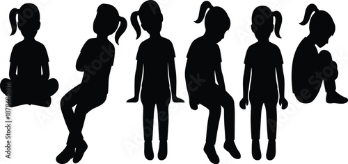 Black silhouettes of a young girl sitting in various positions, resting on the floor, cross legged, pensive and sad poses