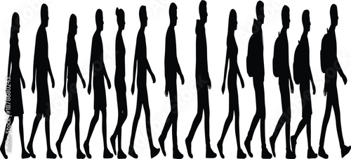 Black silhouettes of diverse men and women walking in a line, urban commuters with backpacks, pedestrian movement group isolated icons