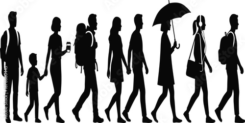 Black silhouettes of diverse men and women walking with umbrella, headphones, and backpacks, urban pedestrian commuters group isolated on white