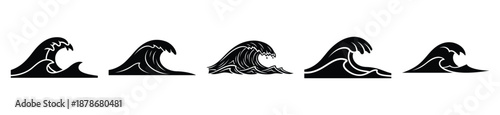 tidal wave silhouette vector icon set, black color and white background