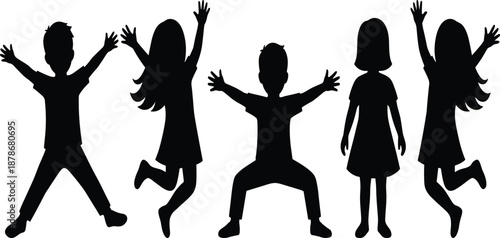 Black silhouettes of happy children jumping, playing, and cheering together, expressive childhood joy, diverse kids group icons isolated on white