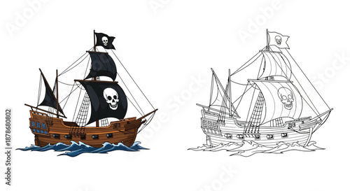 Pirate Ship Black and White Illustration with Skull and Crossbones Flag on Stormy Ocean