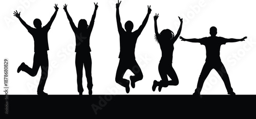Black silhouettes of happy people jumping in air, group of friends celebrating success, joyful men and women cheering together, isolated