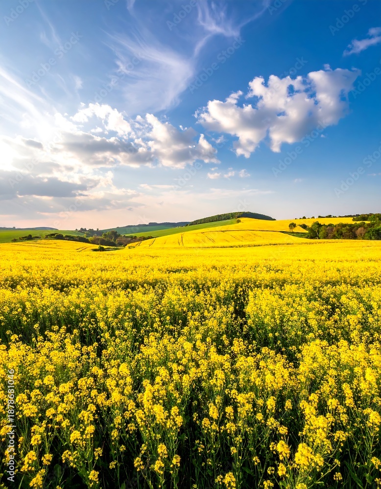 Obraz premium Blooming Yellow Flowers Field Under Blue Sky with Clouds