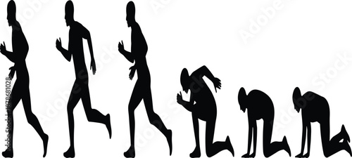 Black silhouettes showing progression of a runner from jogging to exhaustion, tired athlete failing, man collapsing from fatigue, white background