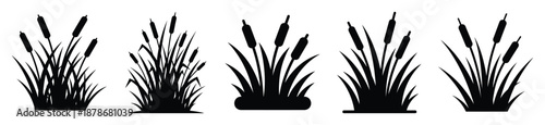 wetland reeds silhouette vector icon set, black color and white background