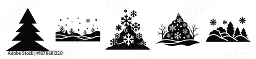 winter snow silhouette vector icon set, black color and white background