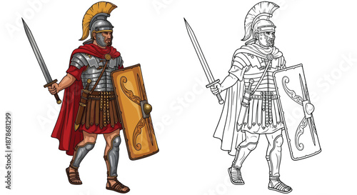Roman Soldier Illustration with Sword and Shield Comparison of Color and Sketch Versions