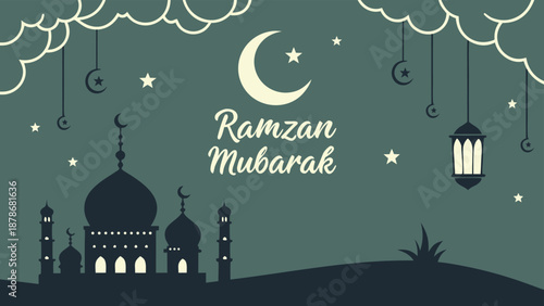 Minimalist Ramzan Mubarak greeting with mosque silhouette and moon on dark green background, AI Generated