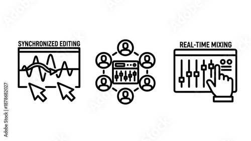 Collaborative Audio and Video Editing Icons Set featuring Synchronized Editing, Real-Time Mixing, and Production Workflow Symbols
