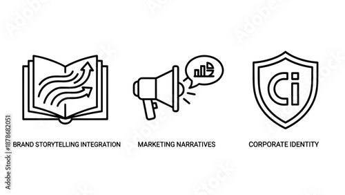 Corporate Branding and Strategic Marketing Icons illustrating Brand Storytelling, Narratives, and Corporate Identity