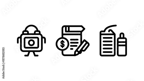 Industrial Automation and Financial Technology Icons for Robotic Processing, Invoicing, and Energy Management