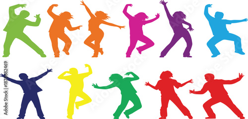 Colorful vector illustration of diverse people silhouettes dancing and celebrating in vibrant neon colors against a clean white background for party event posters