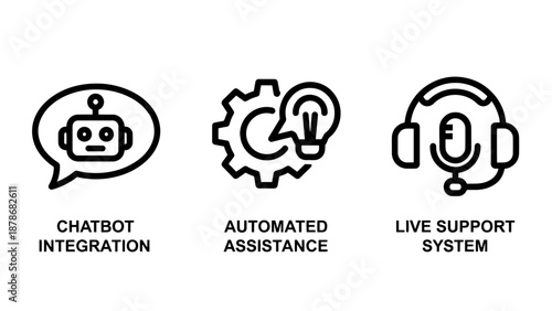 Customer Service Automation Icons Featuring Chatbot Integration, Automated Assistance, and Live Support Systems