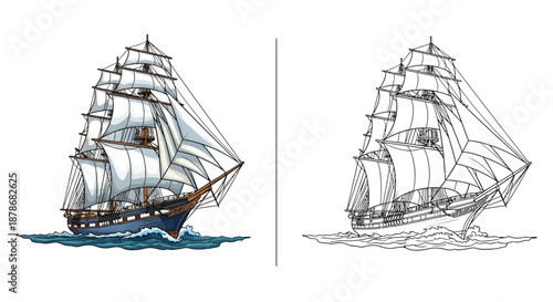 Sailing Ship Illustration Set with Full Color and Technical Line Art Perspective Views