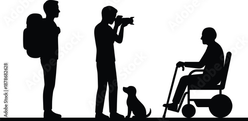 Silhouette traveler with backpack observing photographer taking picture of seated elderly man in wheelchair beside dog, outdoors lifestyle concept of mobility, tourism, and connection