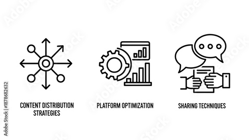 Content Strategy Icons for Distribution Strategies, Platform Optimization, and Document Sharing Techniques
