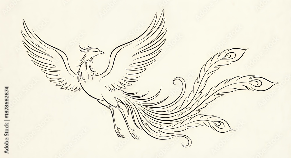 Obraz premium Majestic mythological flying bird design delicate line drawing of a glorious Phoenix symbol of power renewal and everlasting life energy Perfect Any Project.