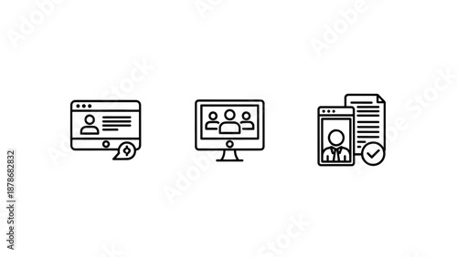 Digital identity and communication icons set featuring user profile web interface, video conference meeting, and mobile document verification