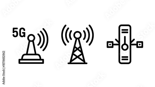Telecommunication 5G network antenna towers and satellite transceiver icons for high-speed data transmission and global signal connectivity