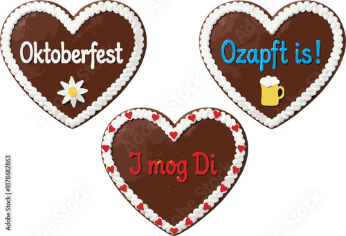 Traditional Oktoberfest gingerbread hearts with decorative icing and Bavarian phrases isolated on white background for festival illustration, Bavarian culture design, celebration and souvenir concepts