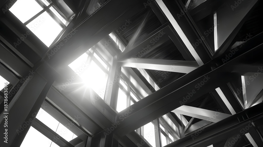 Fototapeta premium Sunlight streams through the intersecting steel beams and geometric framework of a modern architectural interior creating a dramatic and luminous