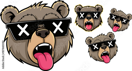Cool grizzly bear mascot head with black sunglasses showing its tongue on white background