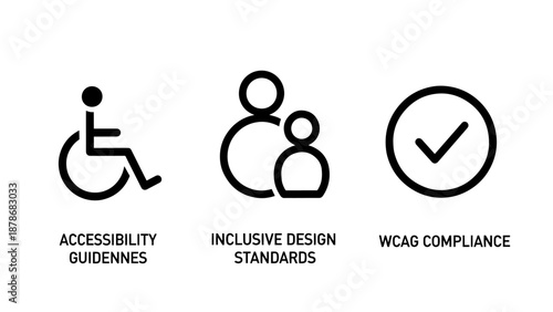 Web accessibility and inclusive design icons for wheelchair guidelines, diverse people groups, and WCAG compliance standards