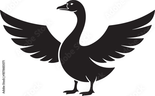 Black silhouette of a goose with wings spread wide