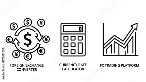 Forex trading platform icons including foreign exchange converter, currency rate calculator, and financial growth analytics graphs.