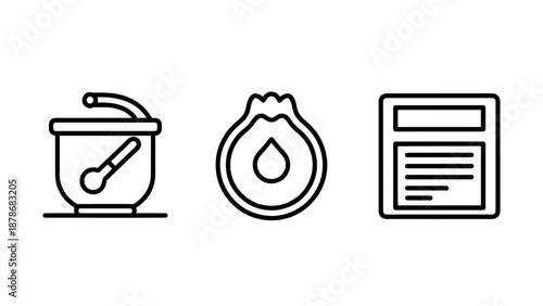 Set of minimalist icons representing pharmaceutical mortar and pestle, natural essence drop, and clinical medical record documentation.