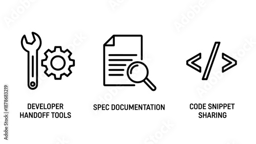 Developer handoff tool icons featuring maintenance wrench, technical spec documentation, and code snippet sharing symbols.
