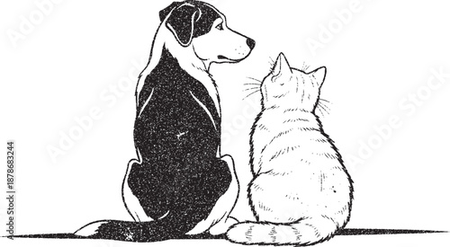 Black and White German Shepherd Dog and Cat Sitting Together Vector Illustration