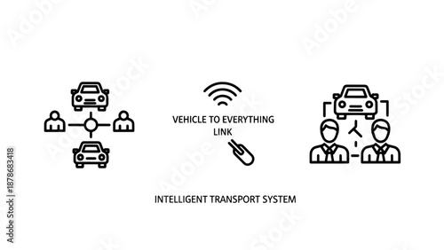 Intelligent Transport System Icons Illustrating Vehicle to Everything Link and V2X Communication Technology for Smart Mobility