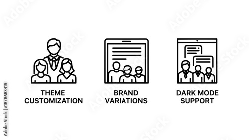 Minimalist User Interface Design Icons Set Featuring Theme Customization Brand Variations and Dark Mode Support Concepts for Web and App Development