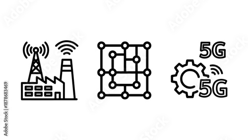 Industrial 5G Network Technology Icons Showcasing Smart Factory Connectivity Mesh Network Infrastructure and High Speed Communication