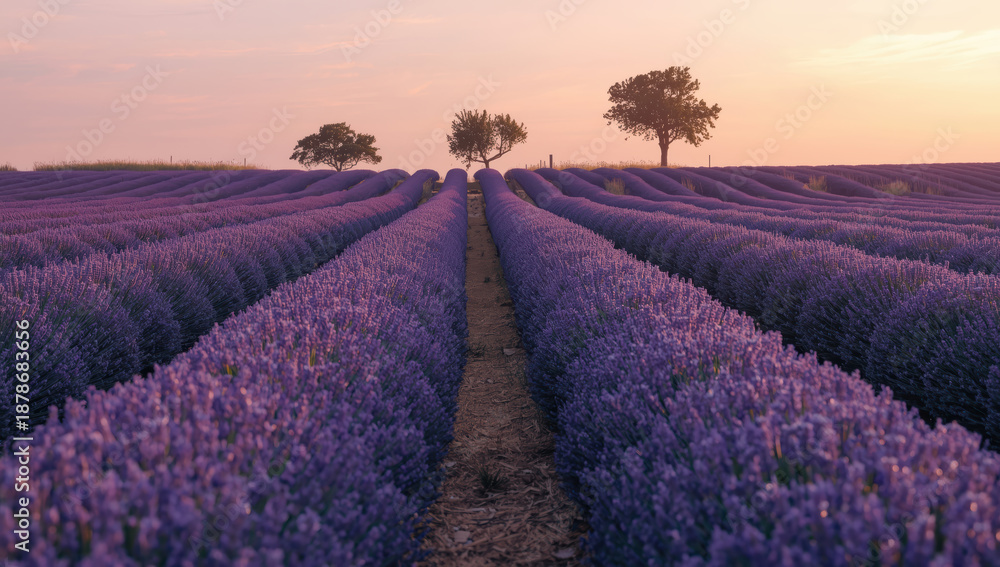Fototapeta premium Sunset lavender field row pathway serene purple blooms